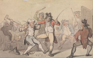 A true Regency gentleman would not behave like a blackleg (gambler) caught hiding cards (Thomas Rowlandson, undated engraving; Source: Wikimedia Commons)