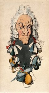 A satirical print by Thomas Richardson showing a physician wearing a garland of bottles and pill boxes. (Wellcome Library, London, image # V0011674 Wikimedia Commons CC BY 4.0)