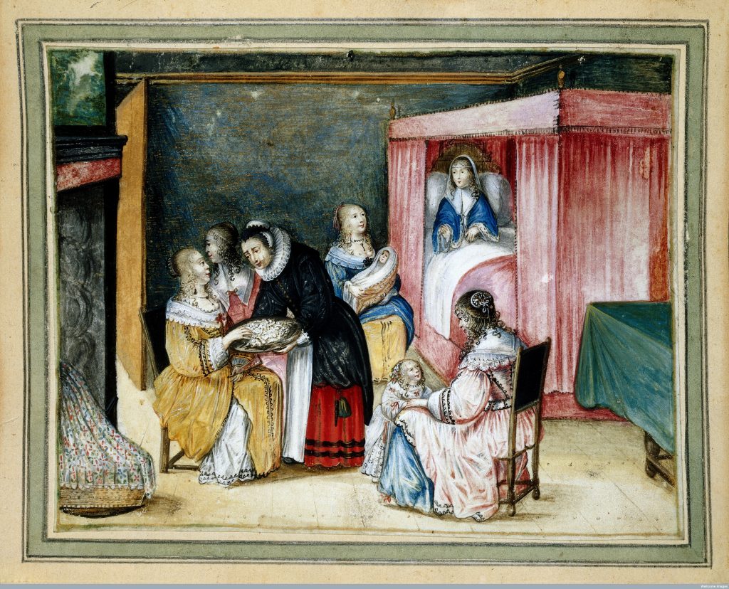 17th century painting of a Dutch birth-room