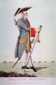 1773 etching titled "Doctor Forceps," showing a blind, senile man-midwife